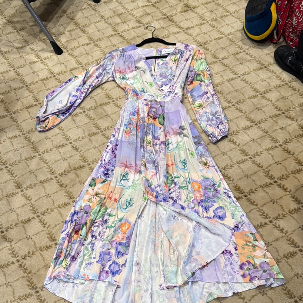 Purple Floral Midi Sundress with V-Neck and Bishop Sleeves